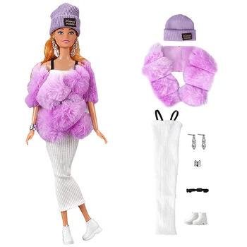NK 7 Buc Nobil papusa nobil model party set: rochie alb+violet imitație de blană șal+pantofi Pentru Papusa Barbie Haine Accesorii