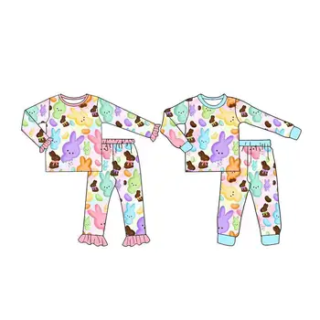 Noi Caldă de Paști Boutique Pijama Set pentru Copii cu Maneci Lungi din Dantela de Iepure Ou Print Pantaloni Fete Baieti Maneca Lunga Set de Pijama