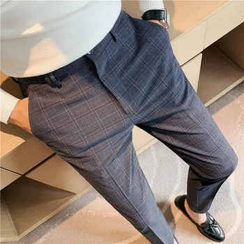 Nouă Bărbați Pantaloni Rochie Carouri Business Casual Slim Fit Lungime De Glezna Pantalon Clasic Vintage Check Pantaloni Costum De Nunta 28-38