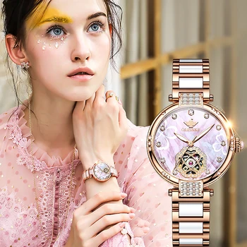 OUPINKE Mecanice Ceas pentru Femei de Lux Diamond Dial Elegant Rose de Aur Ceramica Curea Impermeabil Doamnelor Ceasuri de mana Seturi Cadou