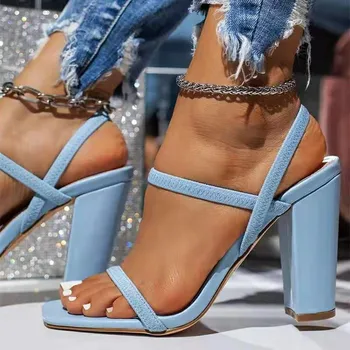 Pantofi pentru femei de Comerț exterior de Mari Dimensiuni 2024 Primavara/Vara Noi Tocuri inalte Tocuri Groase Open Toe Cap Pătrat Sandale pentru Femei