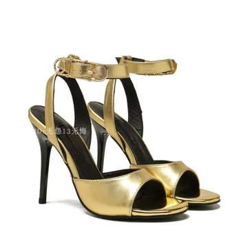 Peep Toe Aur Subțire Toc Înalt Sandale Sandale Pentru Femei Brand Doamnelor De Vară De Lux Catarama Real Sandale Din Piele Pantofi De Nunta Petrecere