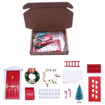 Q0KB Miniatură casă de Păpuși de Crăciun Set Ornament pentru Decor de Vacanță Include Mini Ușa Casei si Decoratiuni de Craciun