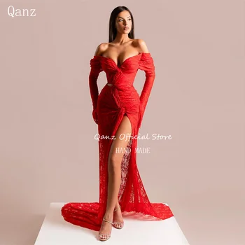Qanz Sexy Sirenă Roșie Rochii De Mireasa De Pe Umăr Aplici Dantelă De Lux Rochii De Seara Lungi Mâneci Fantă De Mare, Rochii De Petrecere