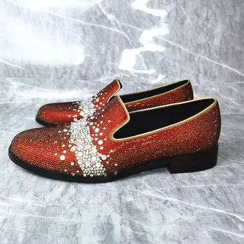Roșu Alb Stras Mocasini Pantofi Oxford Aspect Pistă Nouă Bărbați Stil Lux Pantofi Rochie Casual Rotund Toe Pantofi de Nunta pentru Om