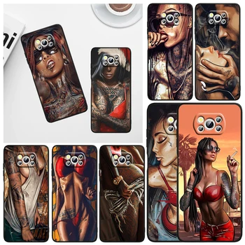 Sexy cu Maneci Tatuaj Fată Telefon Caz Pentru Xiaomi Mi Poco X5 X4 X3 NFC F4 F3 GT M5 S M4 M3 M2 C50 Pro C3 5G Capac Negru
