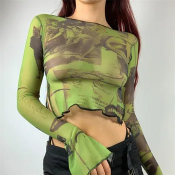 Sexy Vedem prin Crop Top Y2K Vintage imprimeu Verde ochiurilor de Plasă Pur tricou Lung Flare Sleeve Slim Fit Tricouri Femei Haine