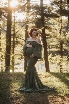 Sirena Elegant Sifon Volane Rochie de Maternitate Pentru Fotografie împușcat Iubita Gât de Pe Umăr Mâneci Puff Pentru Babyshower
