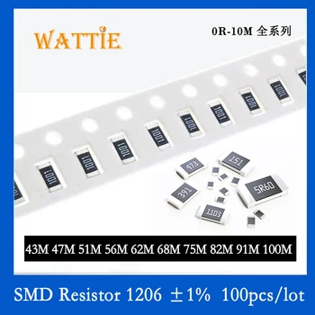SMD Rezistor 1206 1% 43 47 de milioane de 51M 56M 62M 68M 75M 82M 91M 100M 100BUC/lot chip rezistențe de 1/4W 3.2 mm*înălțime de 1,6 mm megohmi