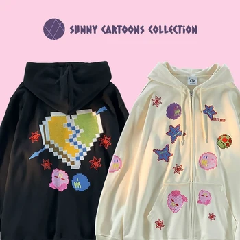 Star Kirby cu Fermoar, Hanorace Y2K Estetice Anime Broderie Pulover Hoodie Adolescente se Ingroase Haină de Lână Femei Supradimensionat Streetwear