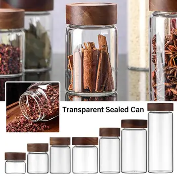 Sticlă Transparentă Lemn De Salcâm Recipiente Cu Capace De Rezervor De Stocare Vase Sigilate Poate Împărți Sticla Borcane Condimente