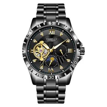 TISSELLY Brand de Top Ceas Fabrica Tourbillon Mecanică Roman Ceas cu Diamante Pentru Bărbați Negru Curea din Otel 8858