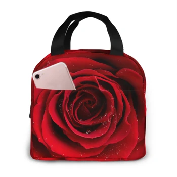 Trandafir rosu Floare cu Raindrop Ziua Îndrăgostiților Izolate Sac de masa de Prânz masa de prânz caseta de containere pentru Femei Barbati Office Școală Picnic
