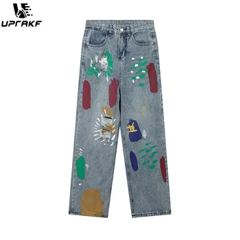 UPRAKF Graffiti Colorate Blugi Denim Toamna Streetwear Confort Largi Largi Picior Hip Hop de Bază Pantaloni Casual Pantaloni