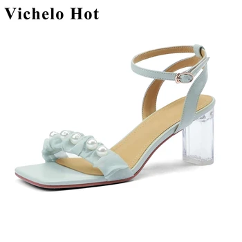 Vichelo Fierbinte Din Piele Peep Toe Cristal Toc Înalt Pantofi De Vara Pearl Decor Stil Coreean Dulci Femei Mature Sandale L15