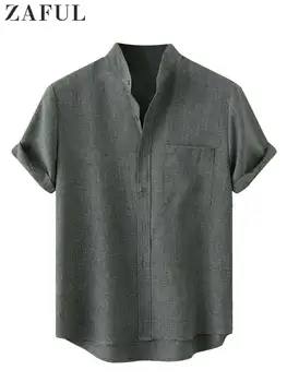 ZAFUL Tricouri de Bumbac pentru Barbati Solid Lenjerie de pat Texturate Streetwear Bluze de Vara Scurte mâneci Tricouri Topuri Casual cu Buzunar Frontal