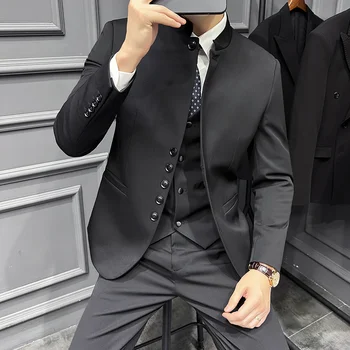 （Sacou+Vesta+Pantaloni）ultima Design Nou Chinezesc Men ' s Stand Guler cu 3 Seturi de piese Butonul de Decor Barbati Slim-fit de Afaceri Costum Formal